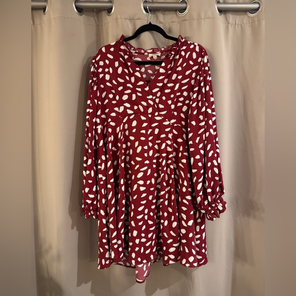 Umgee Red and White Printed V-Neck Peasant dress